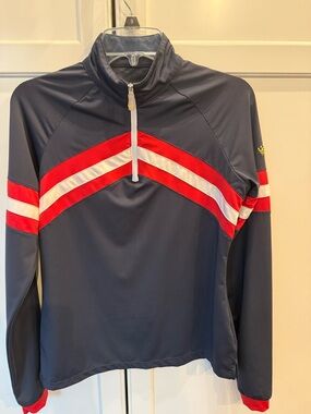 Navy Kastel Denmark Quarter-Zip riding Pullover with Red & White Chevron Stripes